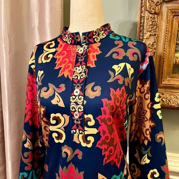 EUC Gretchen Scott Colorful Mandarin Collar Stretch Midi Length Dress Size LARGE - Picture 3 of 3